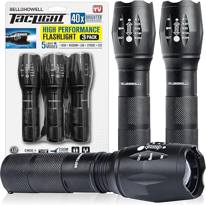 TacLight 3 Pk Tactical Flashlights High Lumens 40x Brighter than Regular Flash by BellHowell