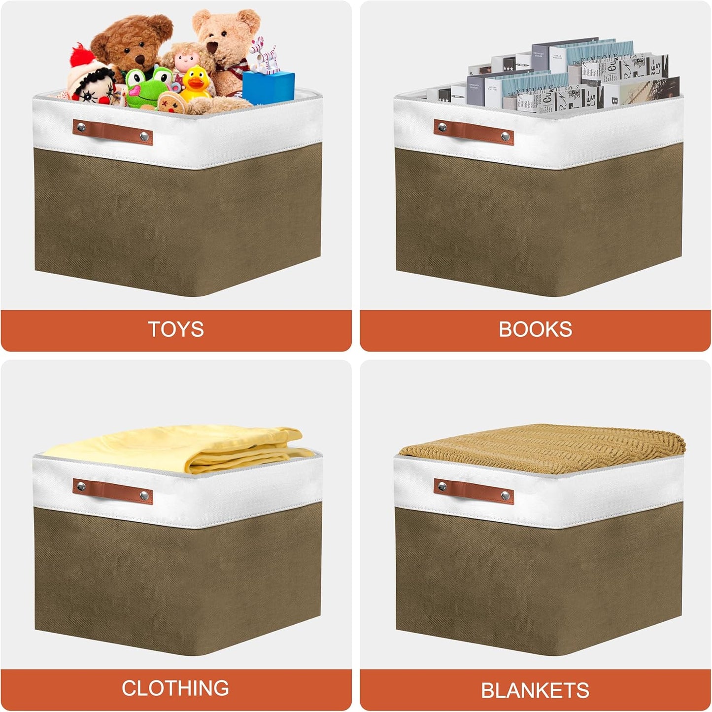 13in Open Fabric Storage Basket with Leather Handles for Organizing, Collapsible Linen Closet Bins for Shelves, Closets, Laundry, Decorative Basket for Gifts. (White＆Brown, 3PCS/13x13in)