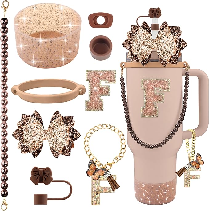 9PCS Brown for Stanley Cup Accessories Set Bling Initials Bow Charms for by Unknown