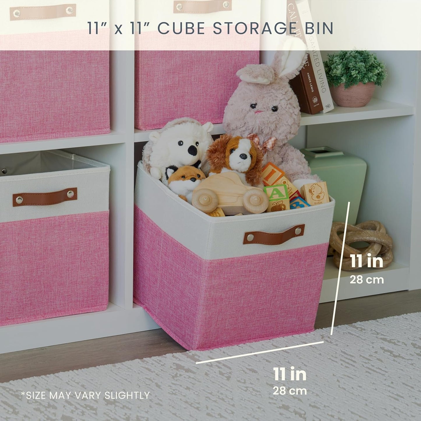 OrganiHaus 11x11 Fabric Cubes Storage Bins Set of 4, Foldable Collapsible Fabric Storage Bins for Organizer, Cubbies Organizer for Kallax, Linen Cube Shelf Baskets, Toy Organizing boxes - Pink/White