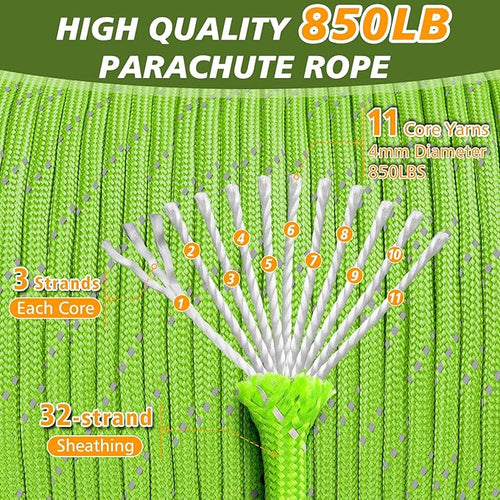 850Ib Reflective Paracord Rope, 50/100/200/500/1000ft 4MM 11 Strand Parachute - Image 2