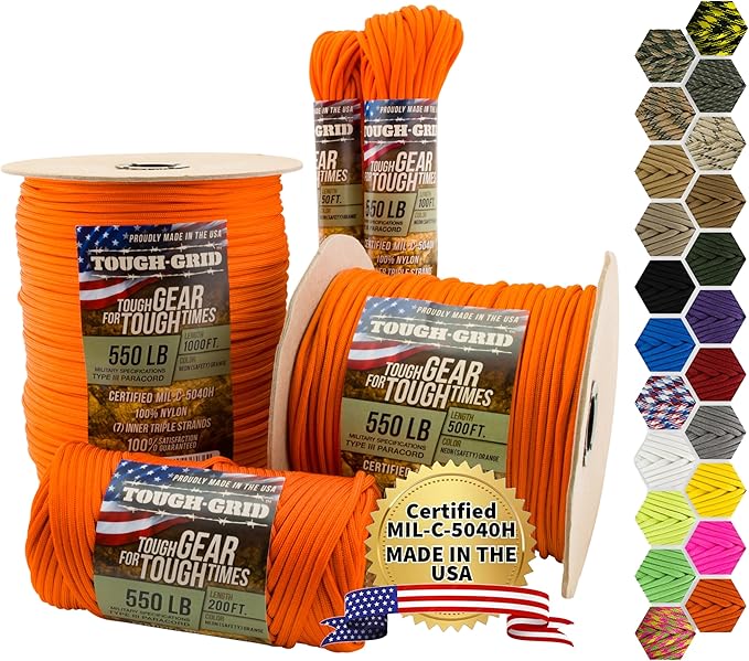 TOUGH-GRID 550 Paracord, Type III Mil-Spec Nylon Rope - 100 Ft Neon Orange by TOUGH-GRID