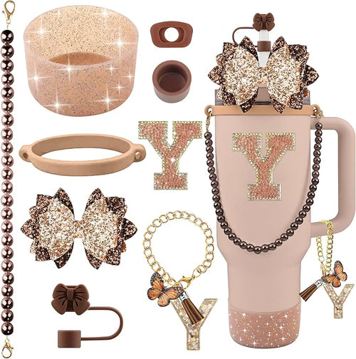 9PCS Brown for Stanley Cup Accessories Set Bling Initials Bow Charms for by Unknown