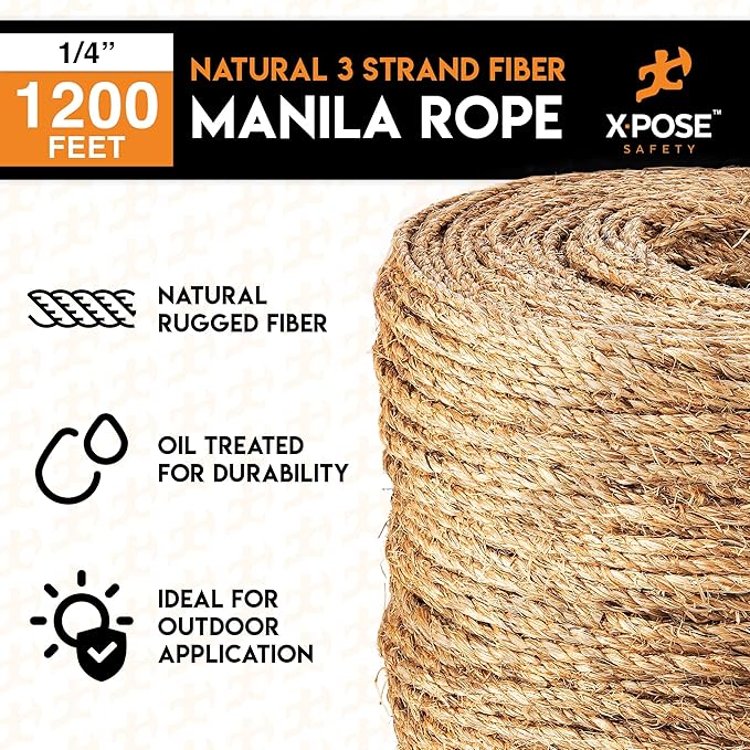 Manila Rope - 1/4 Inch 1200' - 3 Strand Cordage Twisted Braided Rope - Thick - Image 4