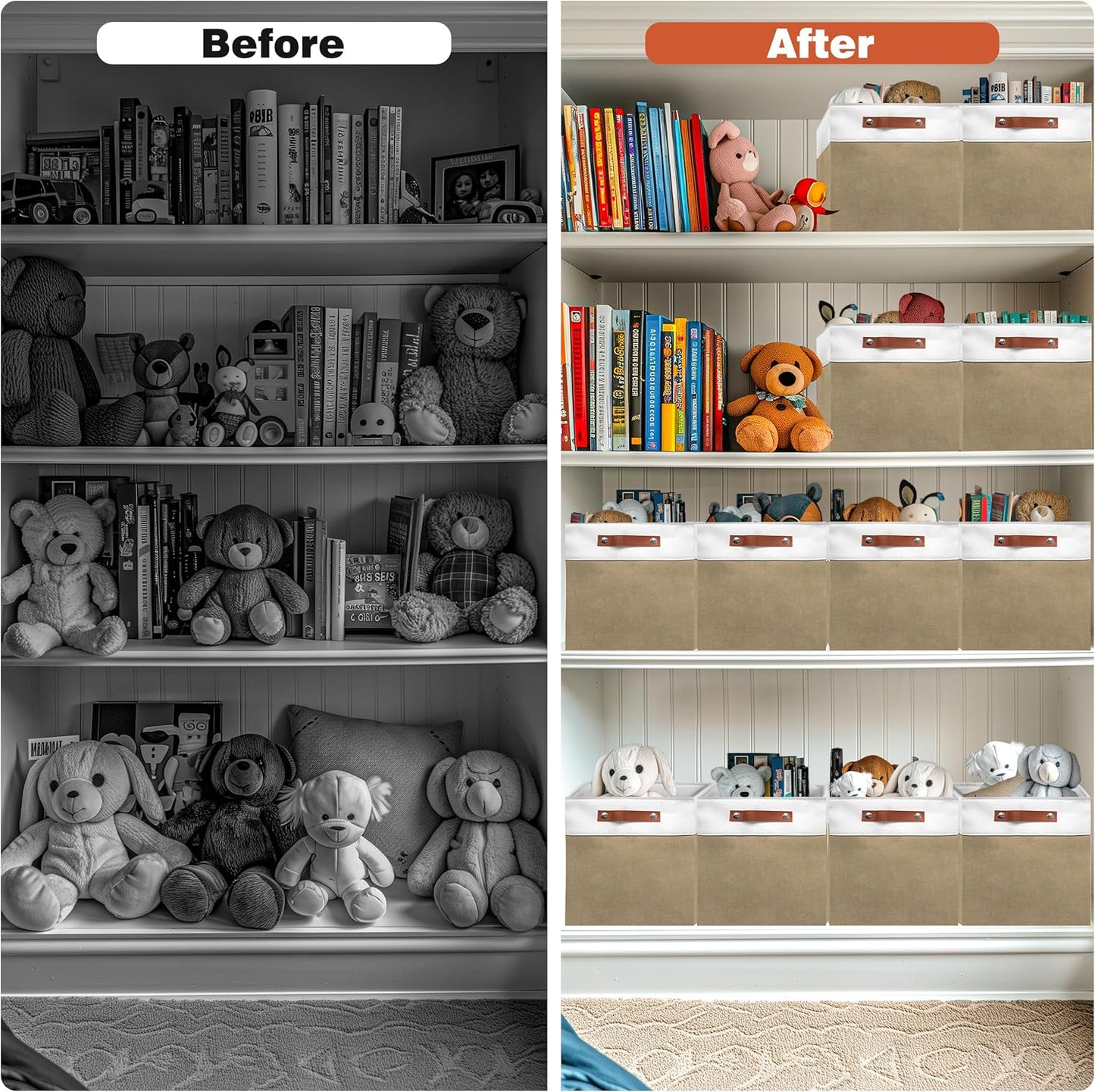 11in Open Fabric Storage Basket with Leather Handles for Organizing, Collapsible Linen Closet Bins for Shelves, Closets, Laundry, Decorative Basket for Gifts. (White＆Khaki, 3PCS/11x11in)