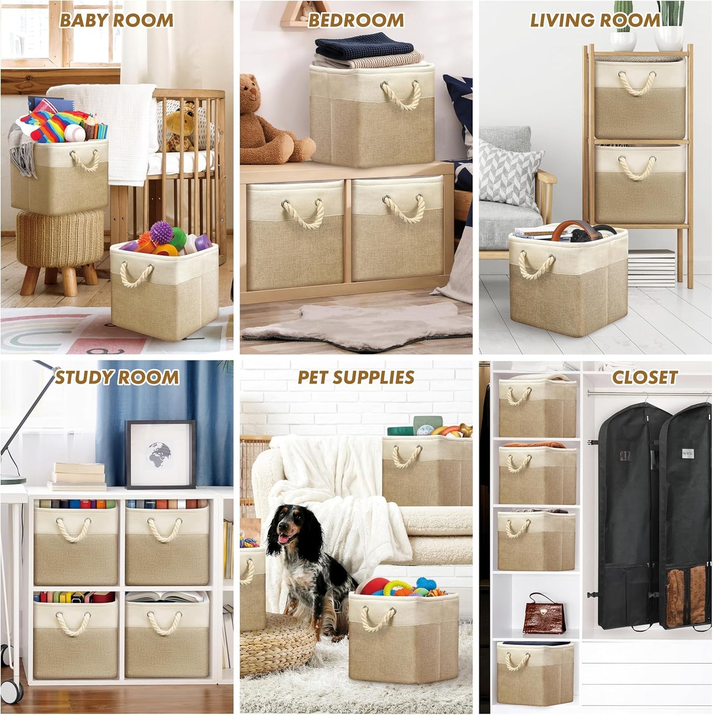 SIMPLE HOUSEWARE Fabric Storage Cubes, 13" x 13" Storage Bin, 3 Pack, Beige