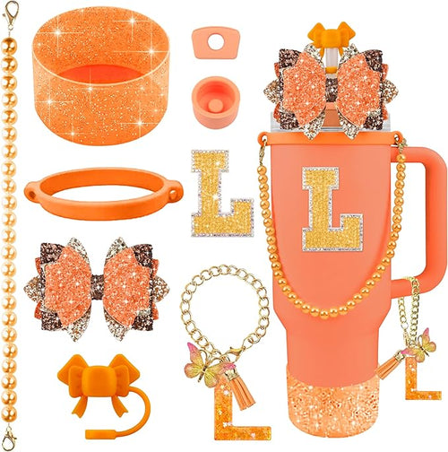 9PCS Orange for Stanley Cup Accessories Set Bling Initials Bow Charms for by Unknown