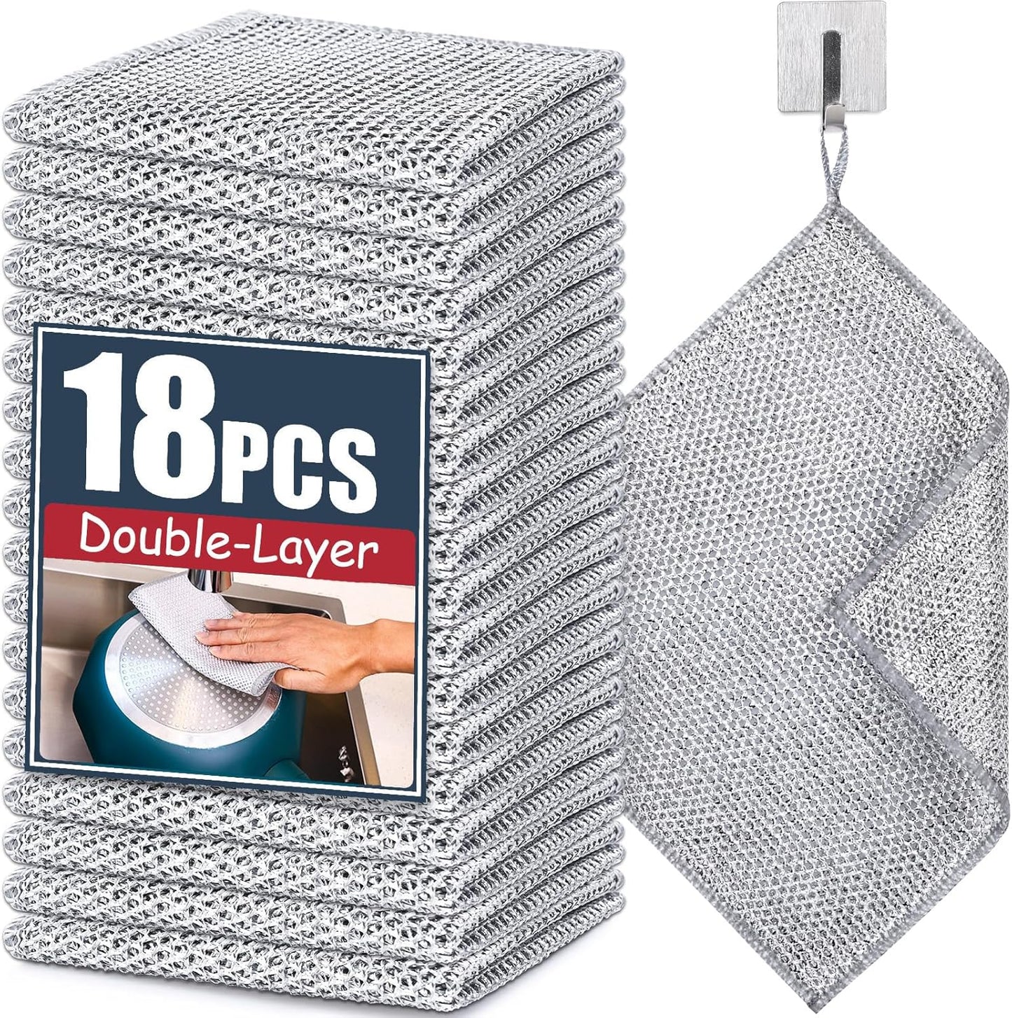 Navona 18 Pcs New Upgrade Steel Wire Dishcloth,Double-Layer Steel Wire Cleaning Cloth,Powerful Cleaning Non-Scratch Wire Dishcloth Rag for Cookware, Sinks, Dishes, Stove Tops, Small