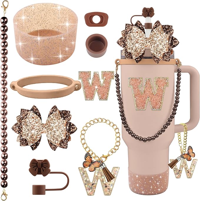 9PCS Brown for Stanley Cup Accessories Set Bling Initials Bow Charms for by Unknown