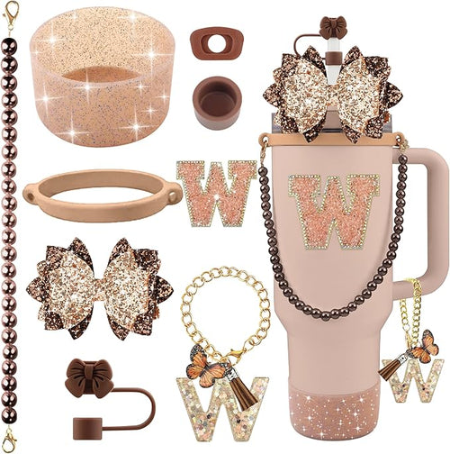 9PCS Brown for Stanley Cup Accessories Set Bling Initials Bow Charms for by Unknown