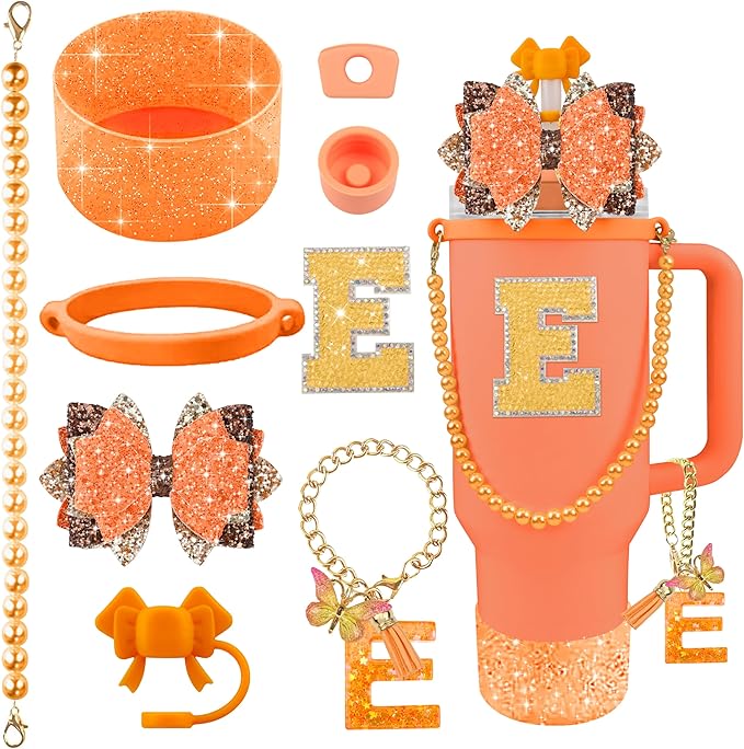 9PCS Orange for Stanley Cup Accessories Set Bling Initials Bow Charms for by Unknown