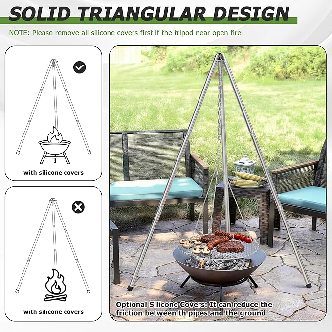 HaSteeL Campfire Tripod for Cooking, Stainless Steel Camping Tripod Grill for - Image 5