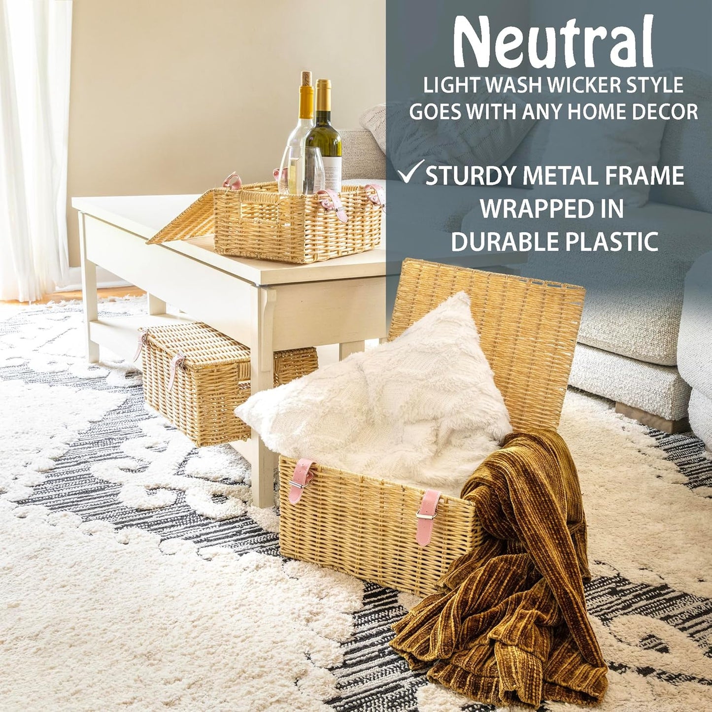 Wicker Storage Baskets with Lids – Set of 3 (Large, Medium, Small) for Organizing Clothes, Toys, Books – Stackable Basket with Lid for Bedroom, Nursery, and Home Decor