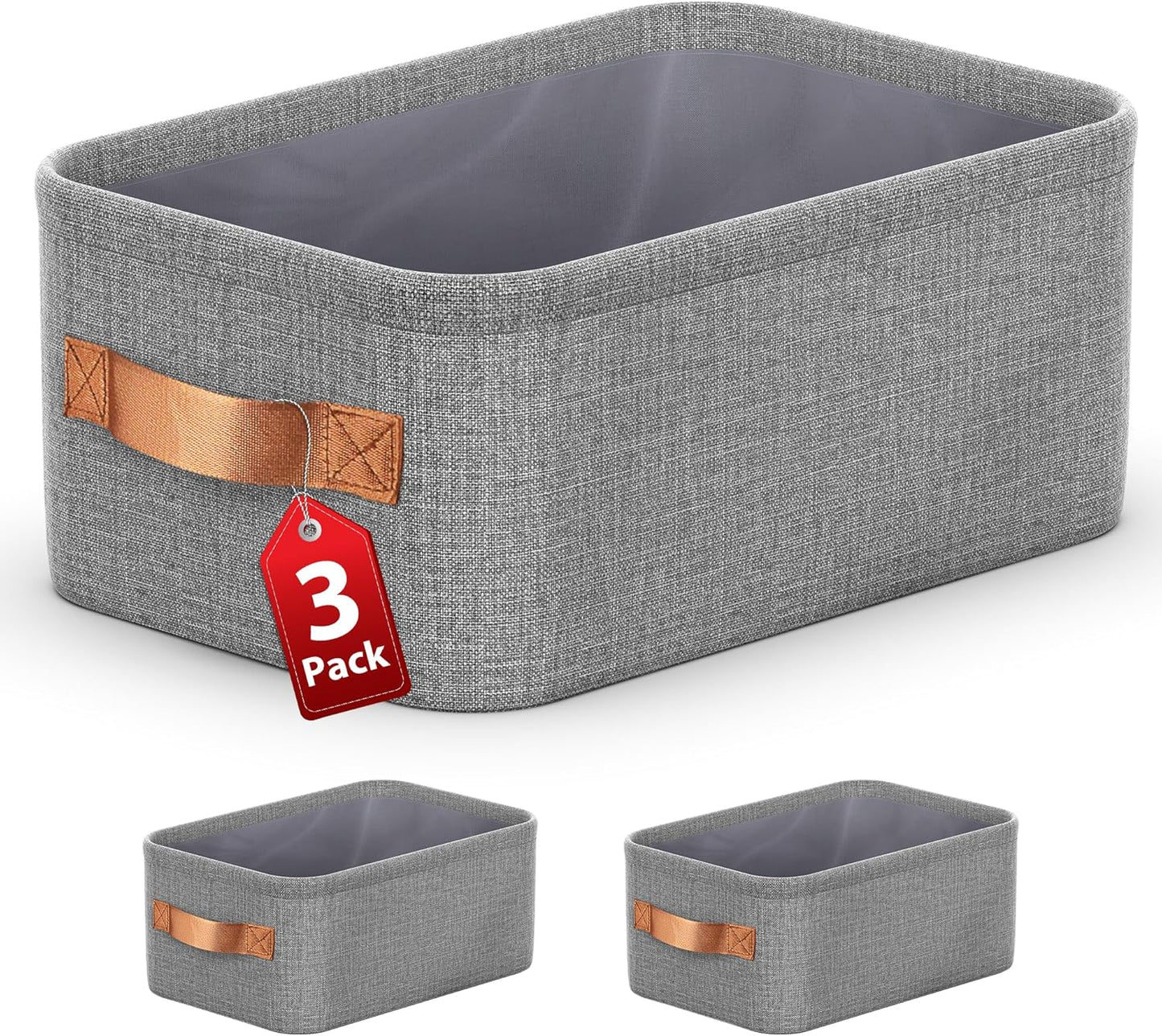 Large Storage Baskets for Shelves 3 Packs, Fabric Storage Bins for Shelves with Handles, 11.8'' L ×7.8'' W × 5.1'' H Collapsible Baskets for Organizing Clothes, Toy, Grey