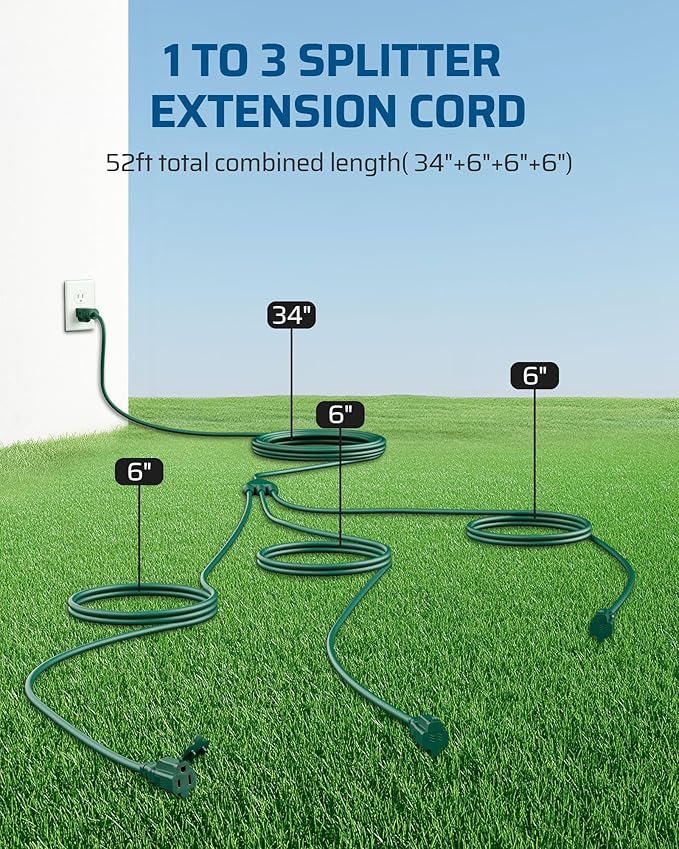 DEWENWILS Outdoor Extension Cord 1 to 3 Splitter, Total 52FT, 13A 125V 1625W - Image 2