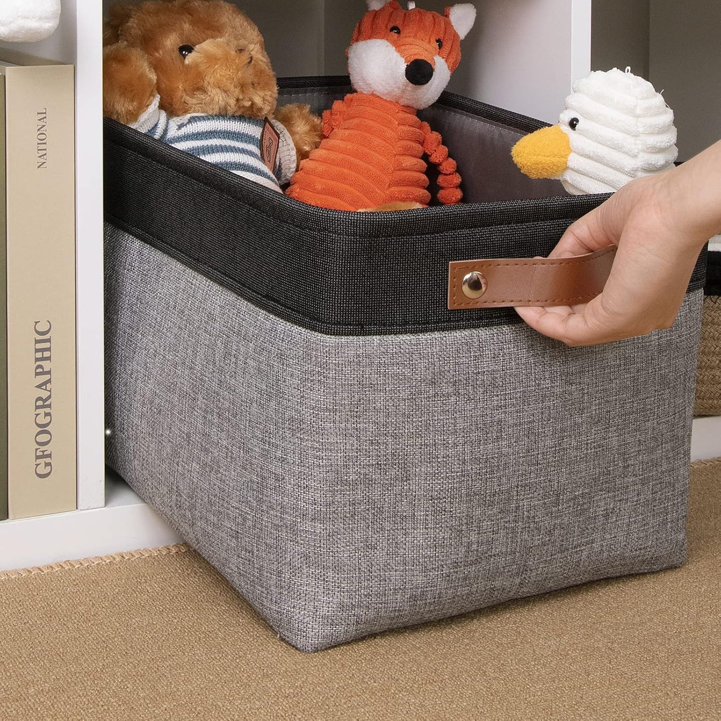 DULLEMELO Fabric Storage Basket for Shelves/Closets, Collapsible Rectangle Basket for Organizing Clothes, Toys, Towels, Books, Laundry, Nursery, Dog Toy Basket Empty (Black&Gray)