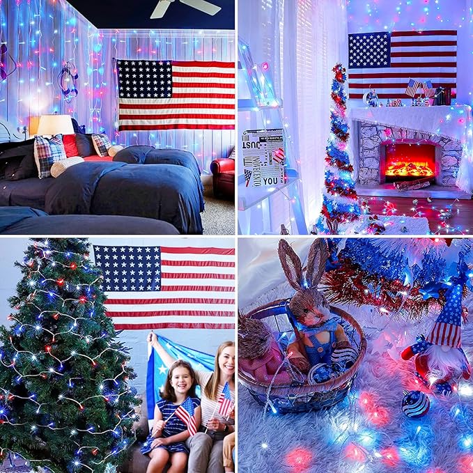 JMEXSUSS Red White and Blue Lights Clear Wire, 66 Ft 200 LED 4th of July - Image 8