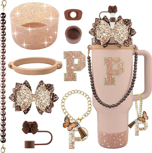 9PCS Brown for Stanley Cup Accessories Set Bling Initials Bow Charms for by Unknown