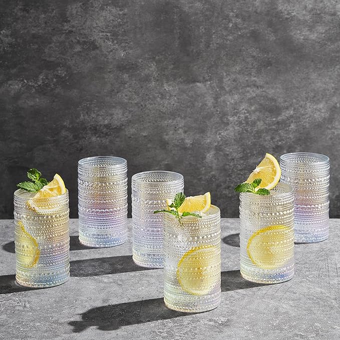 Hobnail Beaded Highball Drinking Tumbler Glasses | Set of 6 | Iridescent Pearl - Image 7