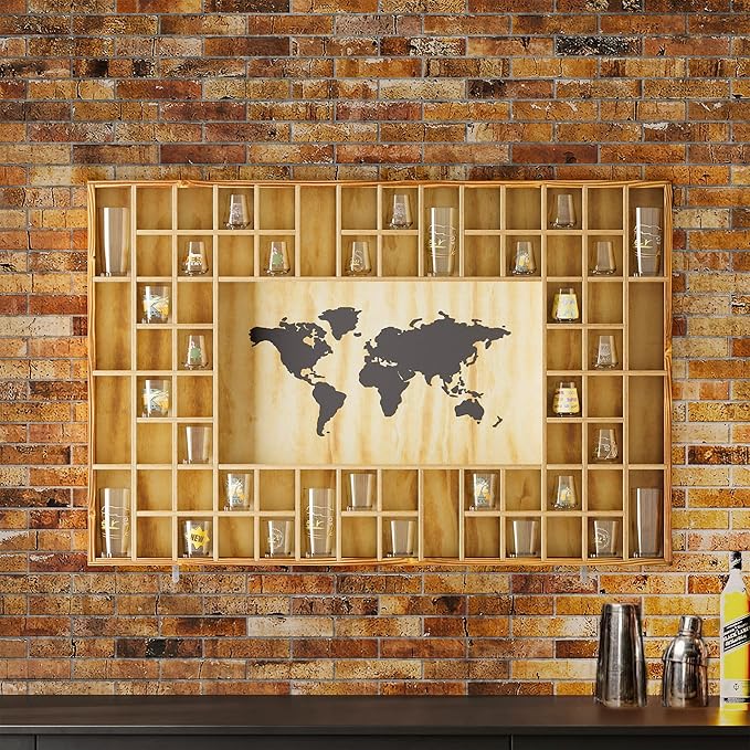 68 Large World Map Shot Glass Display Case Rustic Shot Glass Holder 37x 24.4in - Image 8