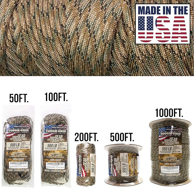 TOUGH-GRID 550 Paracord, Type III Mil-Spec Nylon Rope - 50 Ft Mixed Camo - Image 2