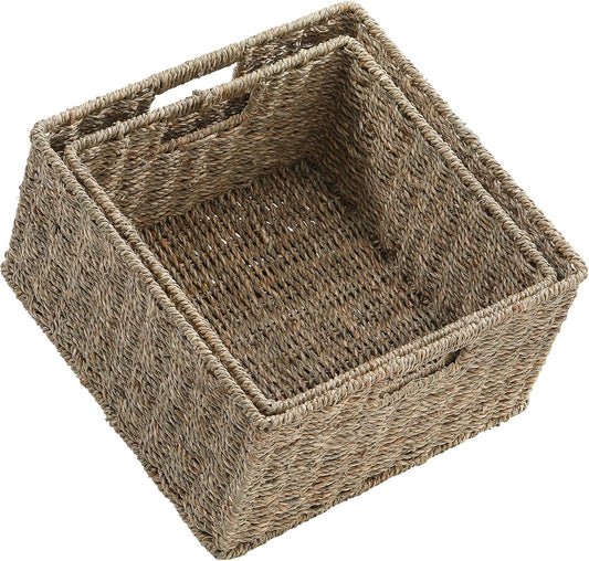 HOONEX Wicker Storage Baskets for Organizing, Decorative Woven Seagrass Baskets for Storage with Carrying Handles, Set of 2, Natural