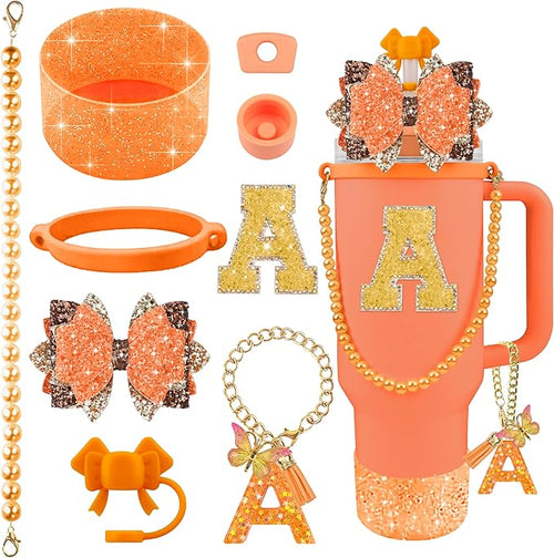 9PCS Orange for Stanley Cup Accessories Set Bling Initials Bow Charms for by Unknown