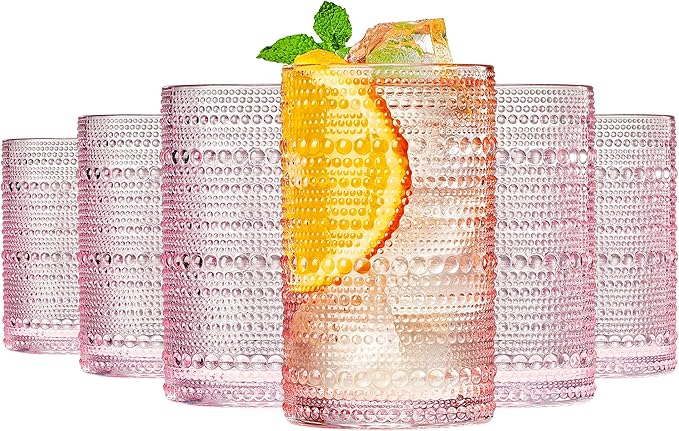 Khen Hobnail Beaded Highball Drinking Tumbler Glasses | Set of 6 | Pastel Pink by Khen