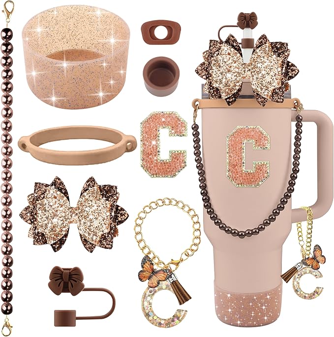 9PCS Brown for Stanley Cup Accessories Set Bling Initials Bow Charms for by Unknown