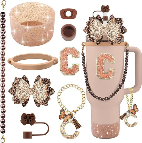 9PCS Brown for Stanley Cup Accessories Set Bling Initials Bow Charms for by Unknown