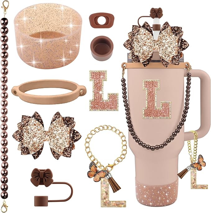 9PCS Brown for Stanley Cup Accessories Set Bling Initials Bow Charms for by Unknown