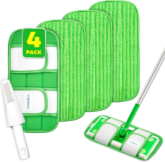 4 Pack Reusable Microfiber Mop Pads, Compatible with Swiffer Sweeper, Machine Washable Cloths, Scraper Included, Refills for All Floor Cleaning, Hook and Loop, Wet Dry - 10"- 12"