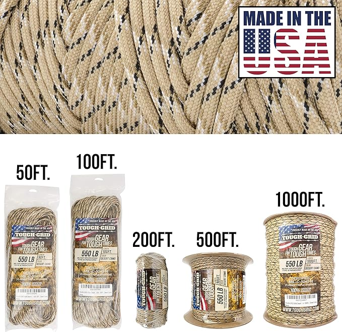 TOUGH-GRID 550 Paracord, Type III Mil-Spec Nylon Rope - 200 Ft Desert Camo - Image 2