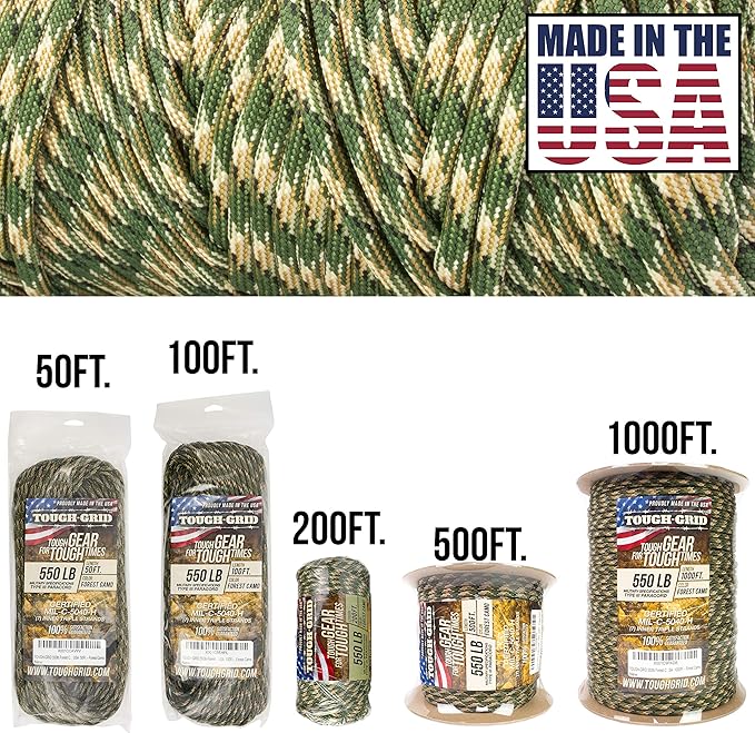 TOUGH-GRID 550 Paracord, Type III Mil-Spec Nylon Rope - 50 Ft Forest Camo - Image 2
