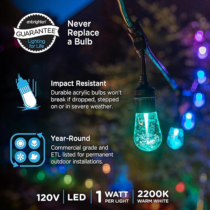 Enbrighten Vintage Outdoor String Lights, 24 RGB Acrylic Bulbs, Weatherproof - Image 2