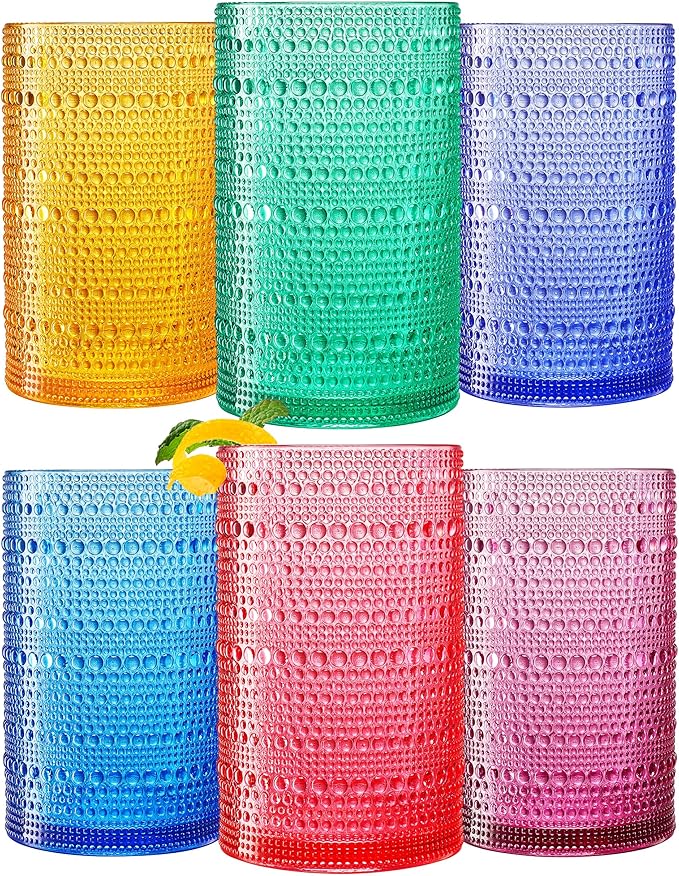 Khen Plastic Hobnail Drinking Highball Glasses Set of 6 Bright Tones Cups 14oz by Khen