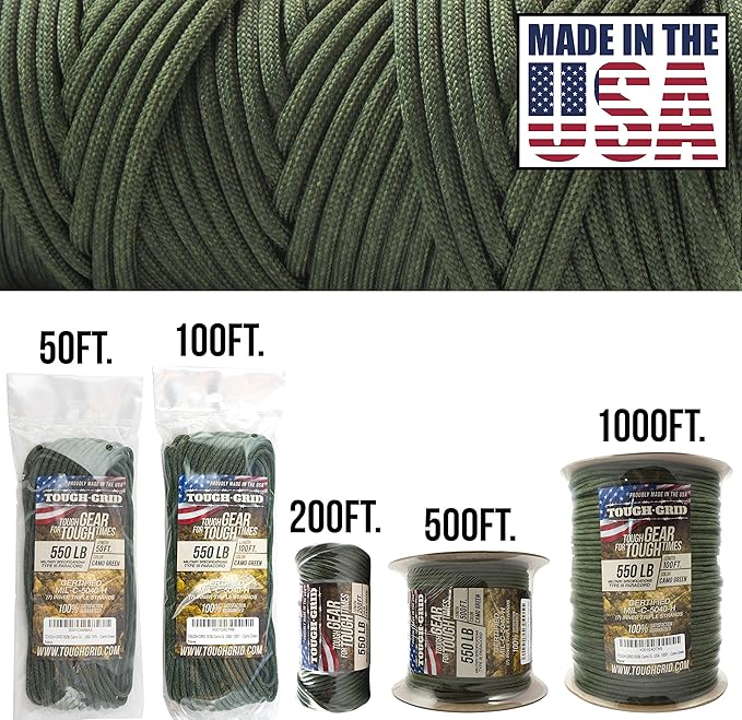 TOUGH-GRID 550 Paracord, Type III Mil-Spec Nylon Rope - 100 Ft Camo Green - Image 2